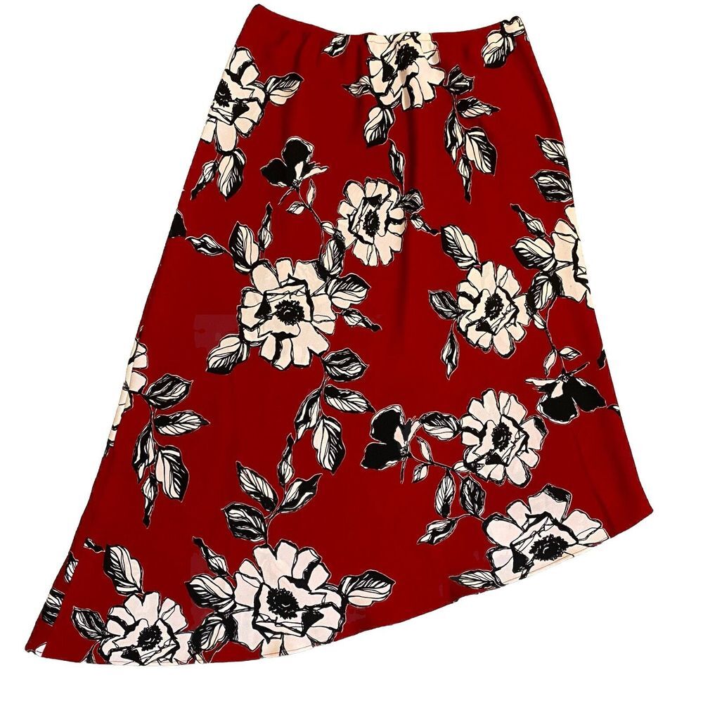 S. L. Fashions Skirt‎ Size 18 Red Floral Asymmetrical Hem Elastic Waist Career